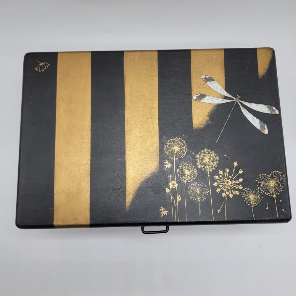 Vtg Wooden Jewelry Box Custom Hand Painted Black Gold Dragonfly Peacock